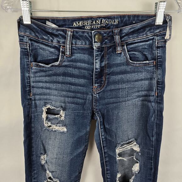 American Eagle Jegging Women's 4 Regular Blue Dark Wash Super Stretch X Distress - Picture 2 of 16